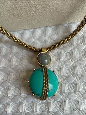 Brass Tone Wheat Chain Necklace with Turquoise and Grey Color Stone Pendant #645